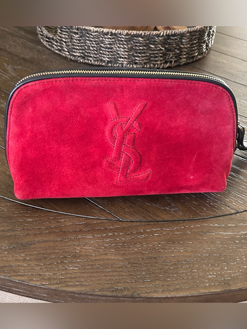 Vintage YSL Yves Saint Laurent Red Suede Cosmetic Makeup Bag Pouch Wristlet